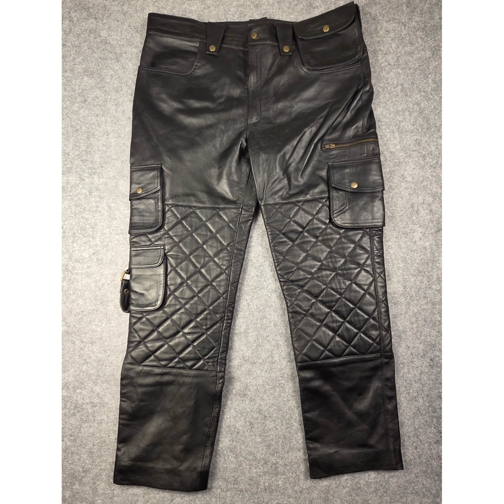 Movenera Men Black Leather Quilted Cargo Pants Tactical Biker Trousers US 42 XXL